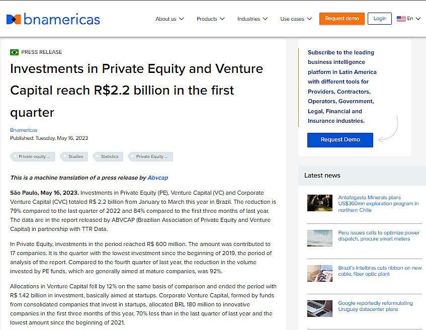 Investments in Private Equity and Venture Capital reach R$2.2 billion in the first quarter